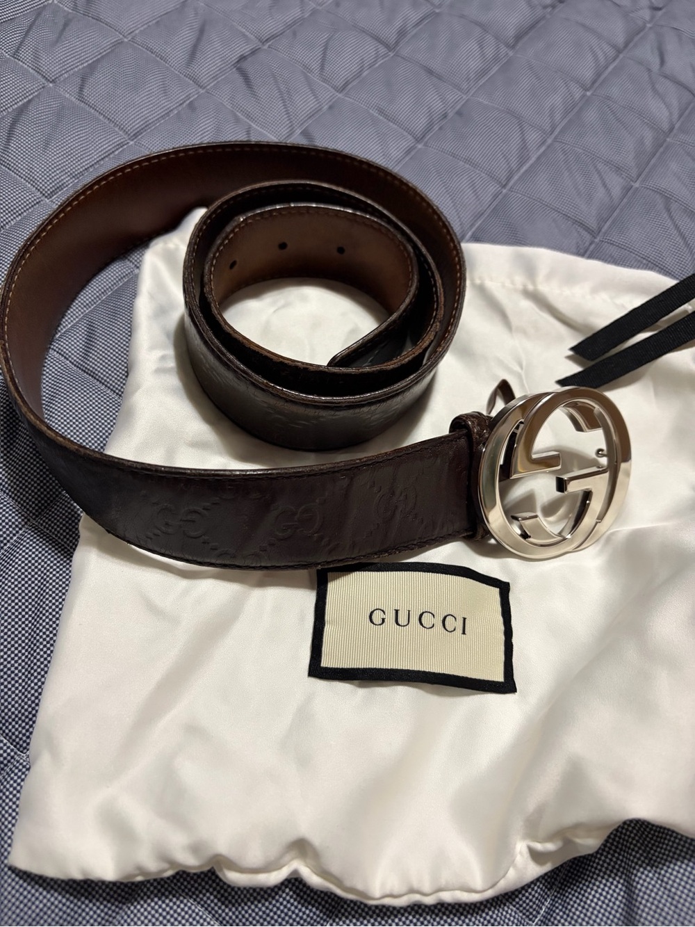 Gucci Unisex Dark Brown Embossed Leather Belt with Silver Double G Buckle